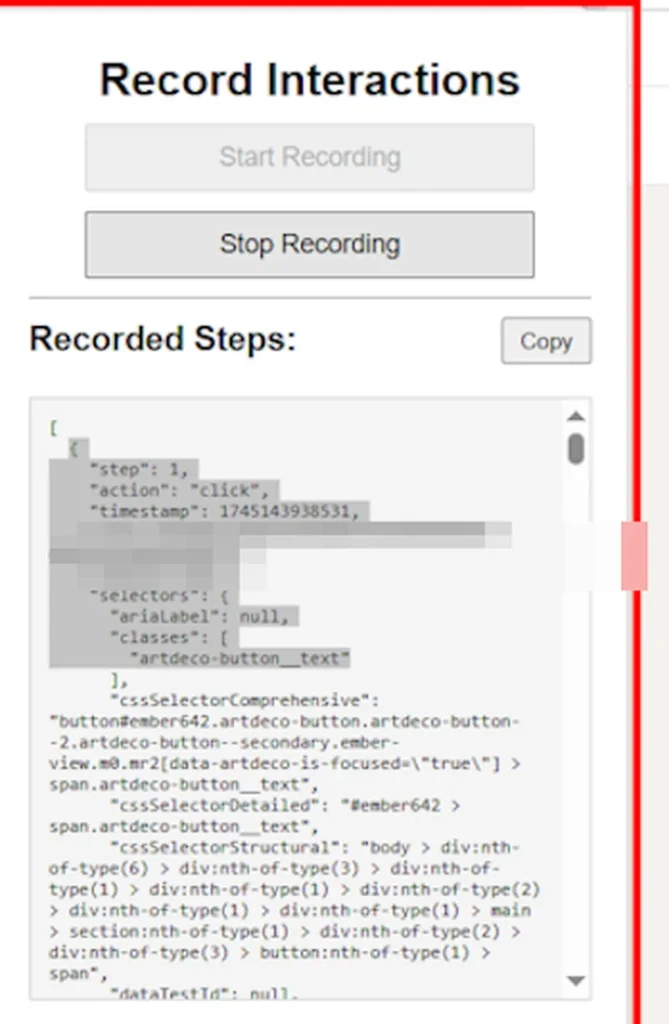 Aufnahme-Fenster von Selector Z mit aufgezeichneten Schritten und erzeugten CSS- und XPath-Selektoren