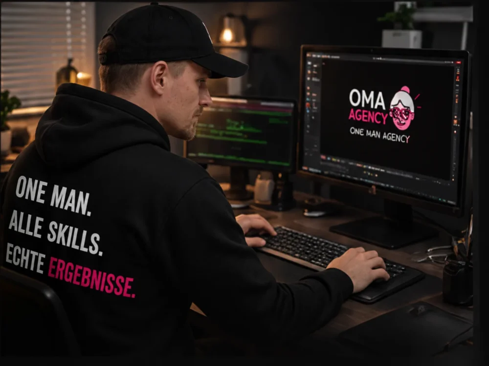 Max am Arbeitsplatz im OMA-Agency-Hoodie (mit KI erzeugtes Bild)
